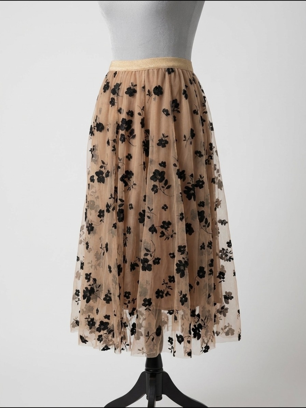 Chicwish Beige Tulle Midi Skirt with Black Floral Flock and Gold Waistband